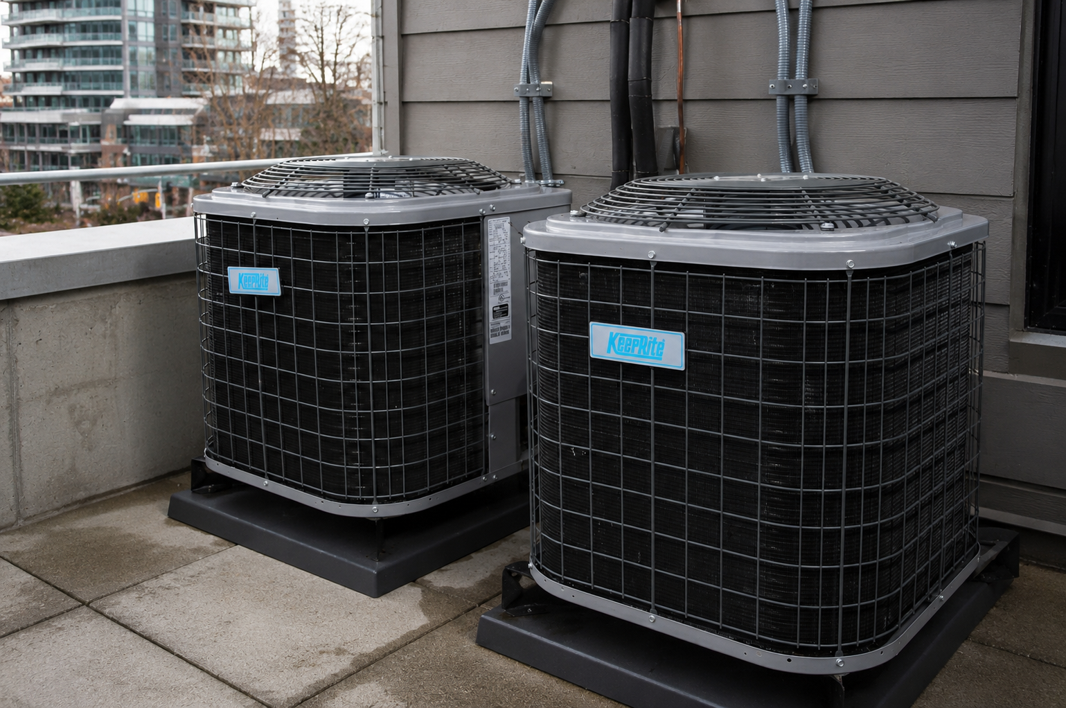 Rooftop condenser units installed on a completed multi-storey building.