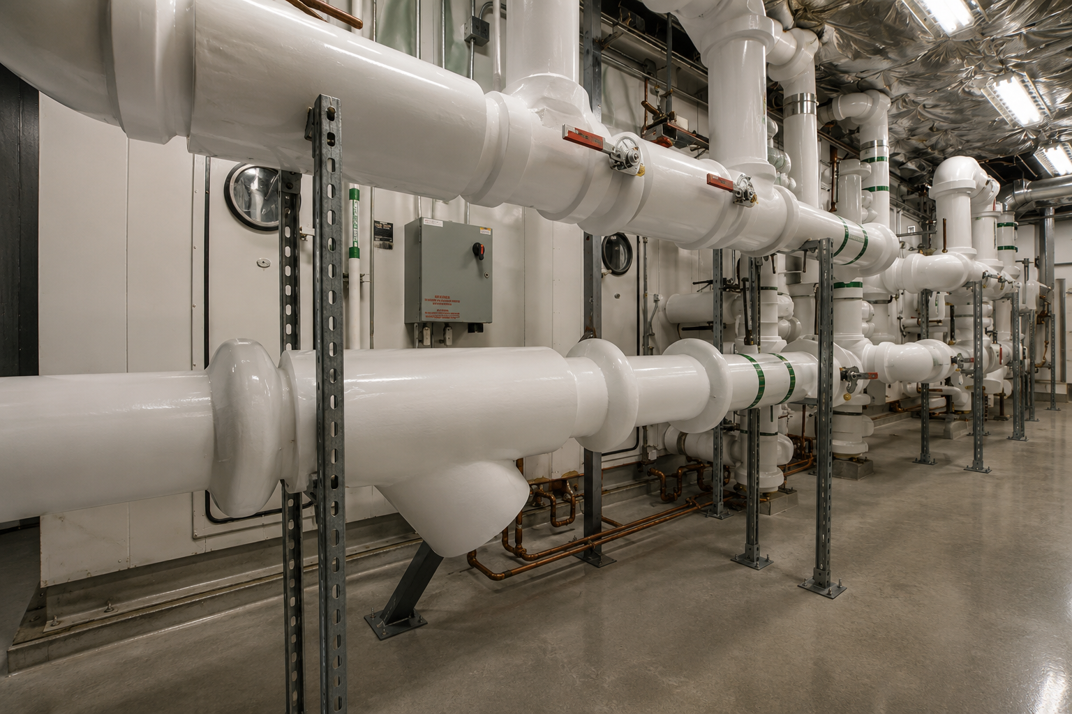 Insulated mechanical piping and valves in a serviced plant room.